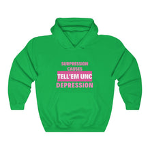 Load image into Gallery viewer, TELLEMUNC SUPPRESSION CAUSES DEPRESSION Unisex Heavy Blend™ Hooded Sweatshirt
